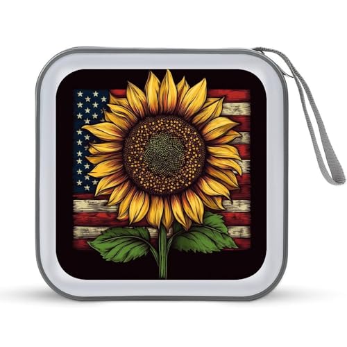 Jubonexis CD-Hülle, DVD-Aufbewahrungsbox, Sonnenblume mit amerikanischer Flagge, tragbar für Auto, Zuhause, Reisen von Jubonexis