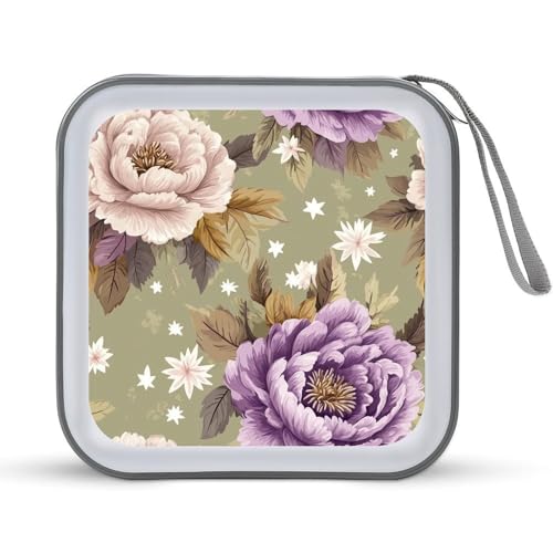 Jubonexis CD-Hülle, DVD-Aufbewahrungsbox, groß, Pfingstrosen, Lavendel, Blumenmuster von Jubonexis