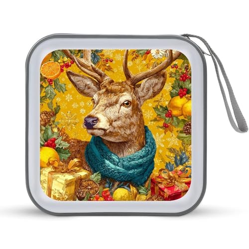 Jubonexis CD-Hülle, Motiv: Weihnachtshirsch mit Schal auf goldener CD-Hülle, DVD-Aufbewahrung, tragbar, für Auto, Zuhause, Reisen von Jubonexis