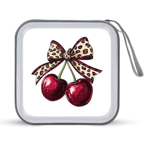Jubonexis CD-Hülle / DVD-Hülle, Motiv: rote Kirschen mit Leopardenmuster und Schleife, tragbar für Auto, Zuhause, Reisen von Jubonexis