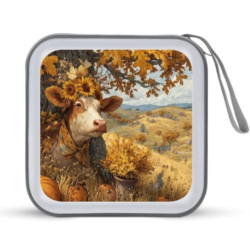 Jubonexis CD-Hülle mit Kuh-Sonnenblumen, Kürbissen, Herbst, Bauernhof, DVD-Aufbewahrung, tragbar, für Auto, Zuhause, Reisen von Jubonexis