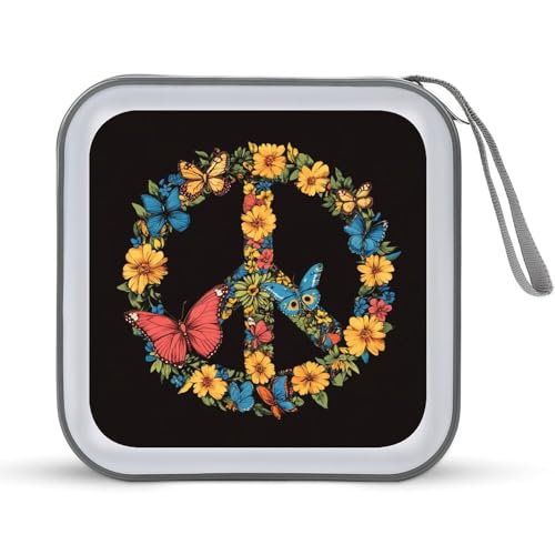 Jubonexis CD-Hülle mit Retro-Friedenszeichen, Schmetterlinge, Blumen, DVD-Aufbewahrung, tragbar, für Auto, Zuhause, Reisen von Jubonexis