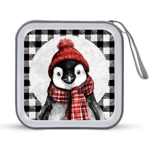 Jubonexis CD-Hülle mit Weihnachts-Pinguin mit rotem Hut, Schal, DVD-Aufbewahrung, tragbar, für Auto, Zuhause, Reisen von Jubonexis