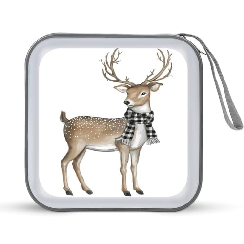 Jubonexis CD-Hülle mit süßem Hirsch mit schwarz-weißem kariertem Schal, CD-Hülle, DVD-Aufbewahrung, tragbar, für Auto, Zuhause, Reisen von Jubonexis