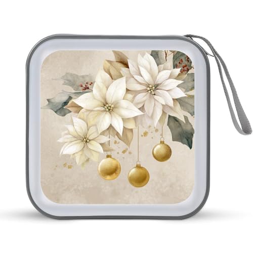 Jubonexis CD-Hülle mit weißen Blumen und goldener Weihnachtskugel DVD-Aufbewahrungskoffer tragbar für Auto, Zuhause, Reisen Jubonexis CD-Hülle mit weißen Blumen und goldener Weihnachtskugel DVD-Aufbewahrungskoffer tragbar für Auto, Zuhause, Reisen von Jubonexis