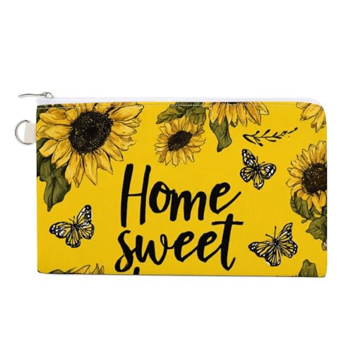 Jubonexis Canvas-Geldbörse, Sonnenblumen, Schmetterlinge, Zuhause, süßes Zuhause, Münzgeldbörse, Reißverschluss, Kleingeldtasche, kleine Kosmetiktasche von Jubonexis