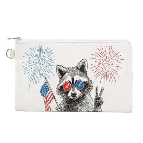 Jubonexis Canvas-Geldbörse, Sonnenbrille, Waschbär, kleine amerikanische Flagge, Münzgeldbörse, Reißverschluss, kleine Kosmetiktasche von Jubonexis