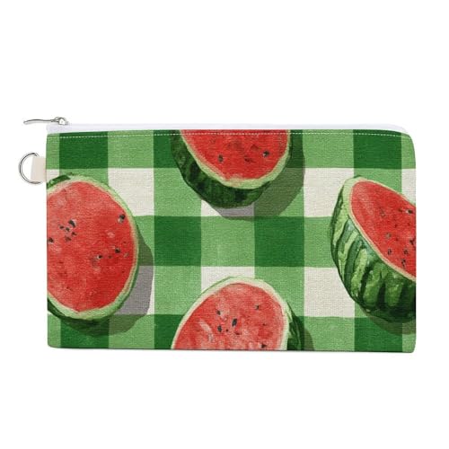 Jubonexis Canvas-Geldbörse, Wassermelone auf karierter grüner Tischdecke, Münzgeldbörse, Reißverschluss, kleine Kosmetiktasche Jubonexis Canvas-Geldbörse, Wassermelone auf karierter grüner Tischdecke, Münzgeldbörse, Reißverschluss, kleine Kosmetiktasche von Jubonexis