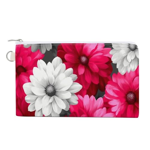 Jubonexis Canvas-Geldbörse, grau-rosa-weiß, Chrysanthemen-Druck, Münzgeldbörse, Reißverschluss, kleine Kosmetiktasche von Jubonexis