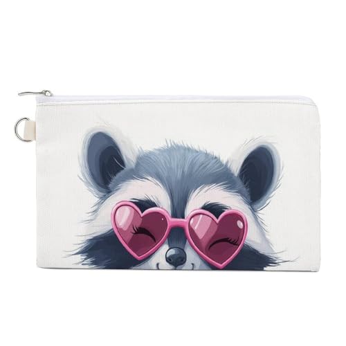 Jubonexis Canvas-Geldbörse, niedlicher Waschbär, herzförmiger Sonnenbrillen-Druck, Münzgeldbörse, Reißverschluss, kleine Kosmetiktasche von Jubonexis