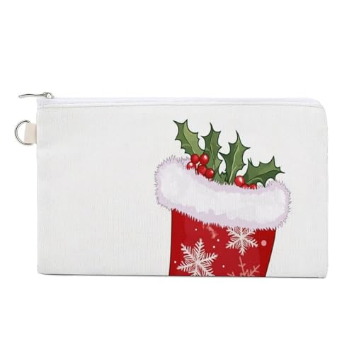 Jubonexis Canvas-Geldbörse, roter Weihnachtsstiefel mit Stechpalmen-Druck, Münzgeldbörse, Reißverschluss, kleine Kosmetiktasche von Jubonexis