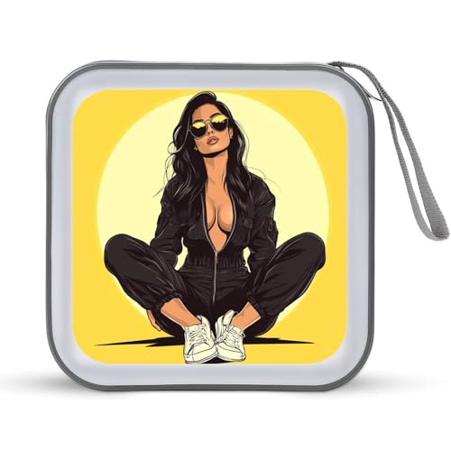 Jubonexis Cartoon-Frau in schwarzem Piloten-Overall, CD-Hülle, DVD-Aufbewahrung, tragbar von Jubonexis