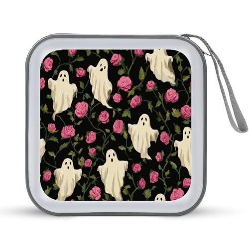 Jubonexis Cartoon-Geister und Rosen, Vintage-CD-Hülle, DVD-Aufbewahrung, tragbar, für Auto, Zuhause, Reisen von Jubonexis