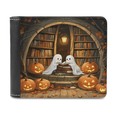 Jubonexis Circular Library Halloween Ghosts Pumpkin Soft PU Leather Bifold Wallet, Coin Purse Credit Pass Case, Durable Card Holder Slim Billfold for Men Woman Money Storage von Jubonexis