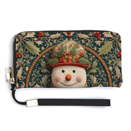 Jubonexis Clutch, Weihnachts-Schneemann mit Stechpalmenblättern, PU-Leder, lange Geldbörse, Münzgeldbörse, Kreditkartenetui, robuster Kartenhalter, Geldaufbewahrung für Damen und Herren von Jubonexis