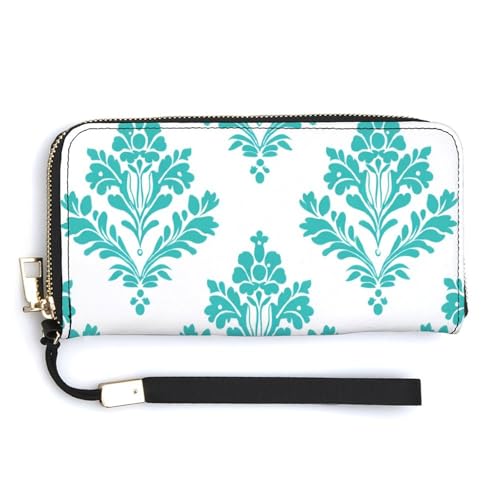 Jubonexis Clutch-Geldbörse, Damast-Muster, PU-Leder, lang, Münzgeldbörse, Kreditkartenetui, robuster Kartenhalter, Geldaufbewahrung für Damen und Herren, Blaugrün von Jubonexis