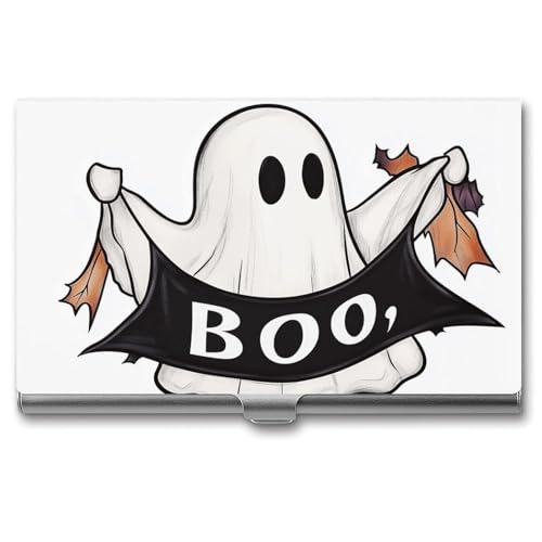 Jubonexis Cute Ghost Holding Banner Boo Visitenkartenhalter Pocket Slim Metall Visitenkartenetui für Damen Herren von Jubonexis
