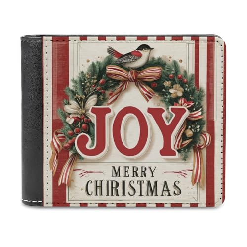 Jubonexis Frohe Weihnachten Freude Vogelkranz weiches PU-Leder Bifold Wallet Münzgeldbörse Kreditkartenetui Langlebig Kartenhalter Slim Billfold für Männer Frauen Geld Aufbewahrung von Jubonexis