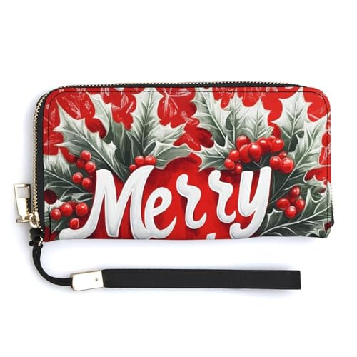 Jubonexis Frohe Weihnachten Holly Leaves and Berries PU Leder Clutch Lange Bifold Wallet Münzgeldbörse Kreditkartenetui Langlebig Kartenhalter Geld Aufbewahrung für Damen Herren von Jubonexis