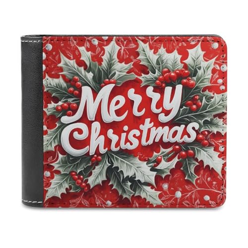 Jubonexis Frohe Weihnachten Stechpalmenblätter und Beeren, weiches PU-Leder, Bifold Wallet, Münzgeldbörse, Kreditkartenetui, langlebiger Kartenhalter, schlanke Geldscheinfach für Männer und Frauen von Jubonexis