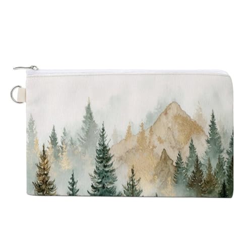 Jubonexis Geldbörse aus Segeltuch, Aquarell-Gebirgsbereich, Kiefernbaum-Druck, Münzgeldbörse, Reißverschluss, kleine Kosmetiktasche von Jubonexis
