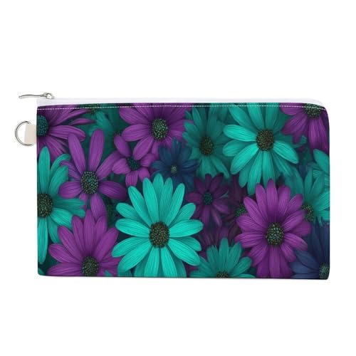 Jubonexis Geldbörse aus Segeltuch, Blaugrün und Lila, Gänseblümchen-Druck, Münzgeldbörse, Reißverschluss, kleine Kosmetiktasche von Jubonexis