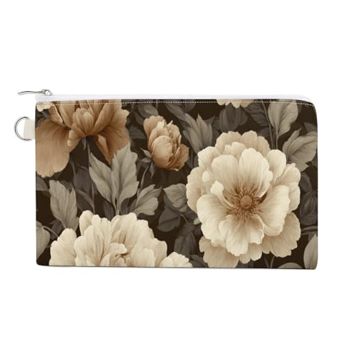 Jubonexis Geldbörse aus Segeltuch, Braun und Cremefarben, Blumendruck, Münzgeldbörse, Reißverschluss, kleine Kosmetiktasche von Jubonexis