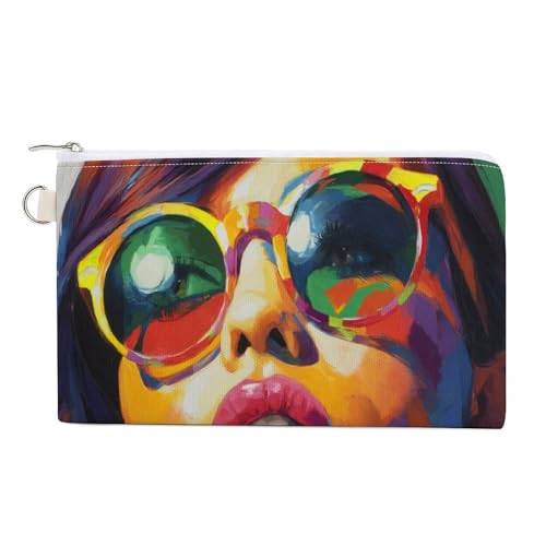 Jubonexis Geldbörse aus Segeltuch, Frau mit buntem Sonnenbrillen-Druck, Münzgeldbörse, Reißverschluss, kleine Kosmetiktasche von Jubonexis