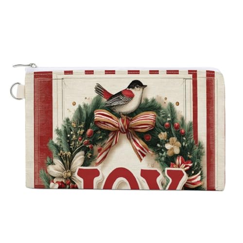 Jubonexis Geldbörse aus Segeltuch, Motiv: Frohe Weihnachten, mit Vogelkranz, Münzgeldbörse, Reißverschluss, kleine Kosmetiktasche von Jubonexis