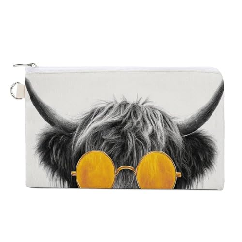Jubonexis Geldbörse aus Segeltuch, Motiv: Hochlandkuh, rund, orangefarbener Sonnenbrillen-Druck, Münzgeldbörse, Reißverschluss, kleine Kosmetiktasche von Jubonexis