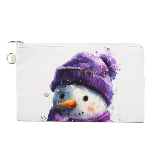 Jubonexis Geldbörse aus Segeltuch, Motiv: Weihnachtsschneemann, violetter Hut, Schal, Münzgeldbörse, Reißverschluss, kleine Kosmetiktasche von Jubonexis