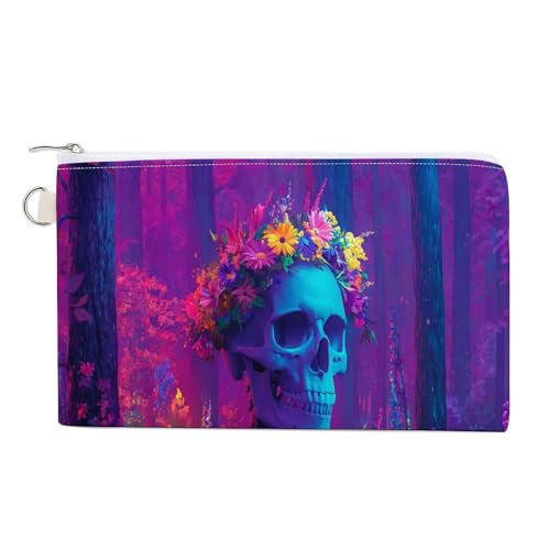 Jubonexis Geldbörse aus Segeltuch, Waldskelett mit buntem Blumendruck, Münzgeldbörse, Reißverschluss, kleine Kosmetiktasche von Jubonexis