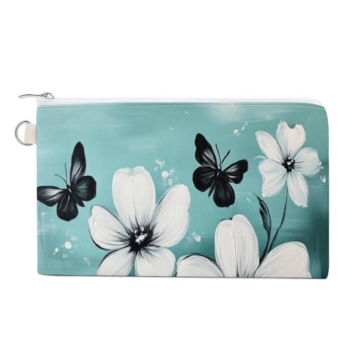 Jubonexis Geldbörse aus Segeltuch, weiße und schwarze Blumen mit Schmetterlings-Druck, Münzgeldbörse, Reißverschluss, kleine Kosmetiktasche von Jubonexis