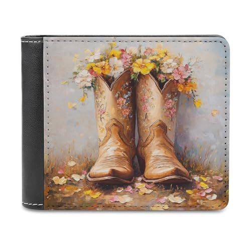 Jubonexis Geldbörse im Retro-Stil, braunes Cowgirl-Stiefel, Blumen, weiches PU-Leder, Münzgeldbörse, Kreditkartenetui, langlebig, Kartenhalter, schlanke Geldscheinfach für Männer und Frauen von Jubonexis