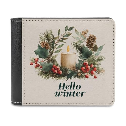 Jubonexis Geldbörse mit Kiefernkranz, Kerzen, Beeren, Hello Winter, weiches PU-Leder, Bifold Wallet, Münzgeldbörse, Kreditkartenetui, langlebig, Kartenhalter, schlanke Geldscheinfach für Männer und von Jubonexis