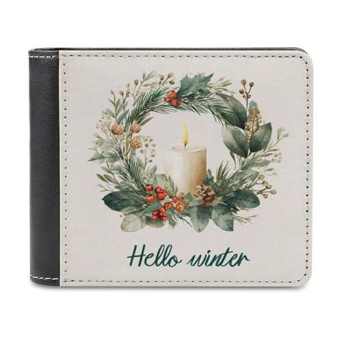 Jubonexis Geldbörse mit Kiefernzweig-Kranz, Kerzen, Beeren, Hello Winter, weiches PU-Leder, Bifold Wallet, Münzgeldbörse, Kreditkartenetui, langlebig, Kartenhalter, schlanke Geldscheinfach für Männer von Jubonexis