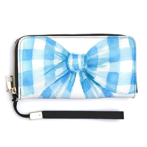 Jubonexis Geldbörse mit langer Schleife, PU-Leder, lange Geldbörse, Münzgeldbörse, Kreditkartenetui, robuster Kartenhalter, Geldaufbewahrung für Damen und Herren, Aquarellblau kariert von Jubonexis