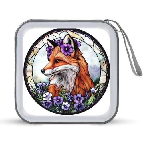 Jubonexis Glasmalerei-Fuchs mit violetten Blumen, CD-Hülle, DVD-Aufbewahrung, tragbar, für Auto, Zuhause, Reisen Jubonexis Glasmalerei-Fuchs mit violetten Blumen, CD-Hülle, DVD-Aufbewahrung, tragbar, für Auto, Zuhause, Reisen von Jubonexis