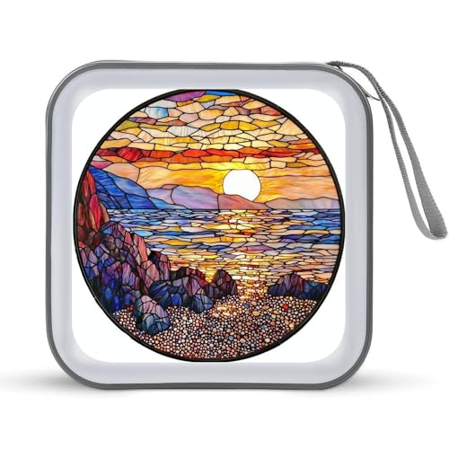 Jubonexis Glasmalerei Rocky Beach Sonnenuntergang CD-Hülle DVD Aufbewahrungskoffer tragbar für Auto Zuhause Reisen von Jubonexis