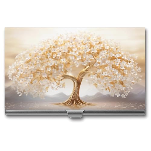 Jubonexis Goldener Baum des Lebens weiße Blumen Visitenkartenhalter Pocket Slim Metall Visitenkartenetui für Damen Herren von Jubonexis