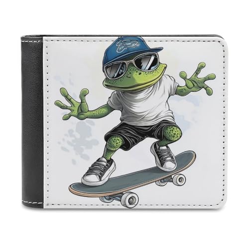 Jubonexis Green Frog Riding A Skateboard Soft PU Leather Bifold Wallet, Coin Purse Credit Pass Case, Durable Card Holder Slim Billfold for Men Woman Money Storage von Jubonexis