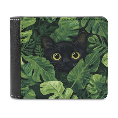Jubonexis Green Leaves Botanical Leaf Black Cat Soft PU Leather Bifold Wallet, Coin Purse Credit Pass Case, Durable Card Holder Slim Billfold for Men Woman Money Storage von Jubonexis