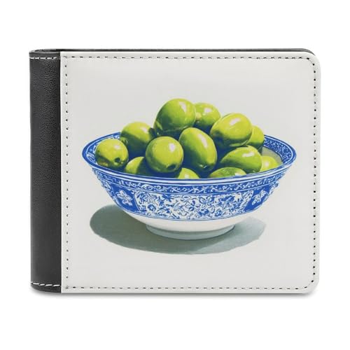 Jubonexis Grüne Oliven in einer blauen Schale, weiches PU-Leder, Bifold Wallet, Münzgeldbörse, Kreditkartenetui, robuster Kartenhalter, schlanke Geldscheinfach für Männer und Frauen von Jubonexis