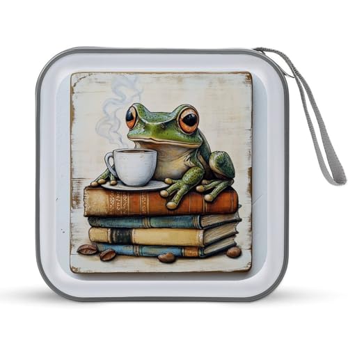 Jubonexis Grüner Frosch auf Stapel schwerer Bücher, CD-Hülle, DVD-Aufbewahrung, tragbar, für Auto, Zuhause, Reisen von Jubonexis