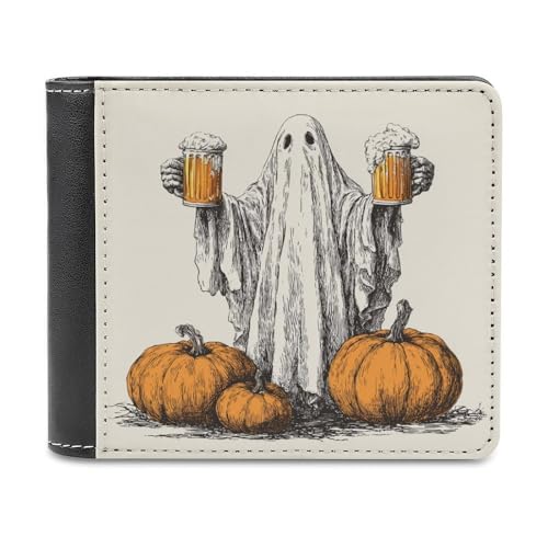 Jubonexis Halloween Ghost Holding Beer Bottles Soft PU Leather Bifold Wallet, Coin Purse Credit Pass Case, Durable Card Holder Slim Billfold for Men Woman Money Storage von Jubonexis