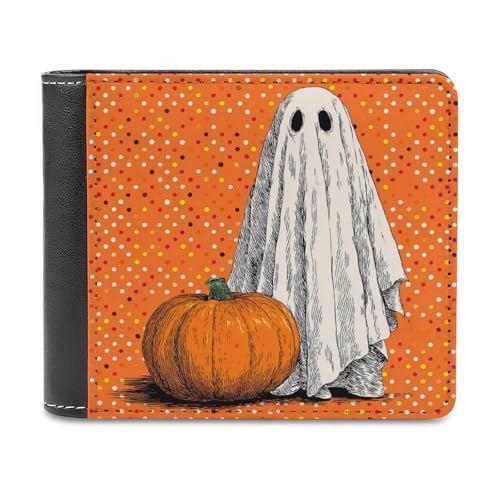 Jubonexis Halloween Ghost with Orange Pumpkin Soft PU Leather Bifold Wallet, Coin Purse Credit Pass Case, Durable Card Holder Slim Billfold for Men Woman Money Storage von Jubonexis