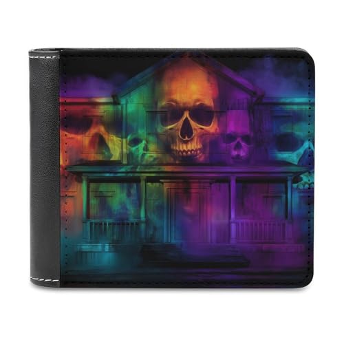 Jubonexis Halloween House Skull Face Soft PU Leather Bifold Wallet, Coin Purse Credit Pass Case, Durable Card Holder Slim Billfold for Men Woman Money Storage von Jubonexis
