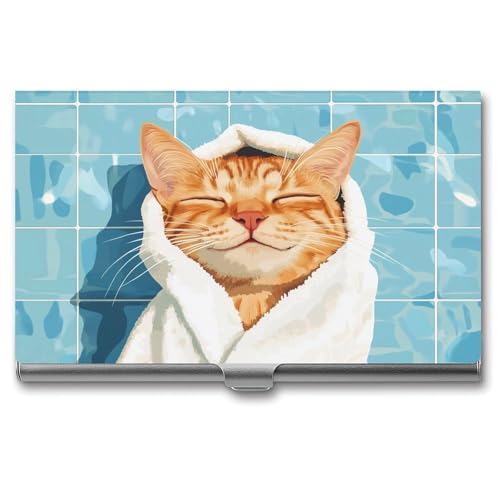 Jubonexis Happy Cat mit weißem Handtuch auf dem Kopf, Visitenkartenhalter, Tasche, schlankes Metall-Visitenkartenetui für Damen und Herren von Jubonexis