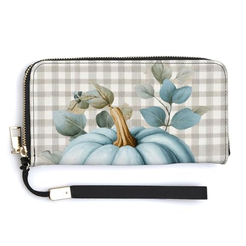 Jubonexis Hellblauer Kürbis auf kariertem PU-Leder, Clutch, lang, Bifold Wallet, Münzgeldbörse, Kreditkartenetui, robuster Kartenhalter, Geldaufbewahrung für Damen und Herren von Jubonexis