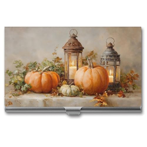 Jubonexis Herbst Kürbisse Kerzen Vintage Laternen Visitenkartenhalter Tasche Slim Metall Visitenkartenetui für Damen Herren von Jubonexis